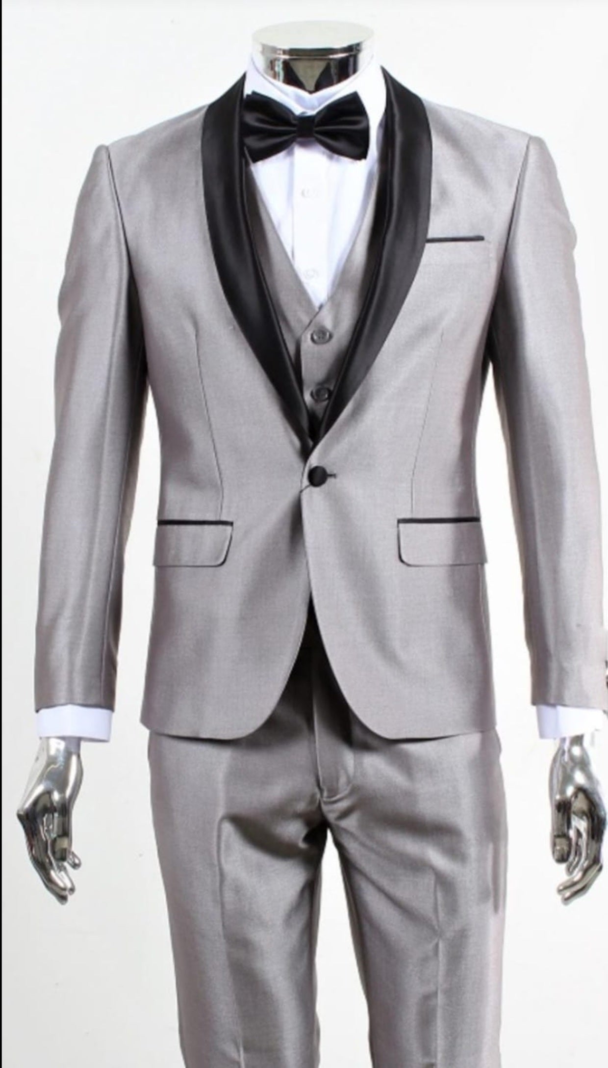 Men’s Silver Shiny Tuxedo 3 Piece Suit with Black Shawl Lapel | Formal Wedding Prom Suit Set Sharkskin Fabric Slim Fit - 38 Short Jacket+32 Waist Adjustable 28to34)(Height: 5 4 to5 7 )(Neck  15-16.5)S-M)