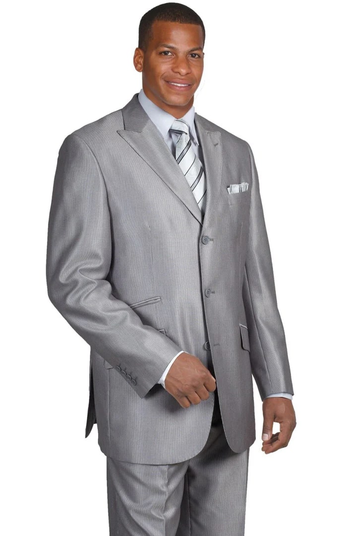 Cheap Priced Suit  - Mens 3 Button Peak Lapel Shiny Sharkskin Micro Pinstripe Silver Suit - 38 Short Jacket+32 Waist Adjustable 28to34)(Height: 5 4 to5 7 )(Neck  15-16.5)S-M)