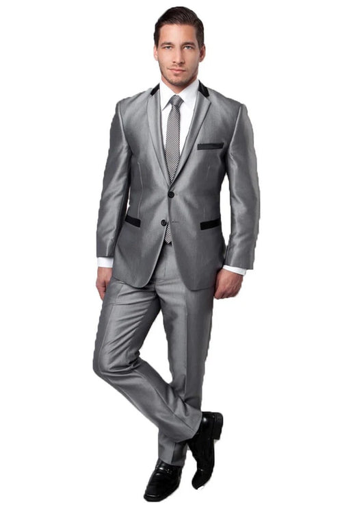 Cheap Priced Suit- Men's Two Button Slim Fit Shiny Sharkskin Suit Silver Grey With Contrast Collar And Trim