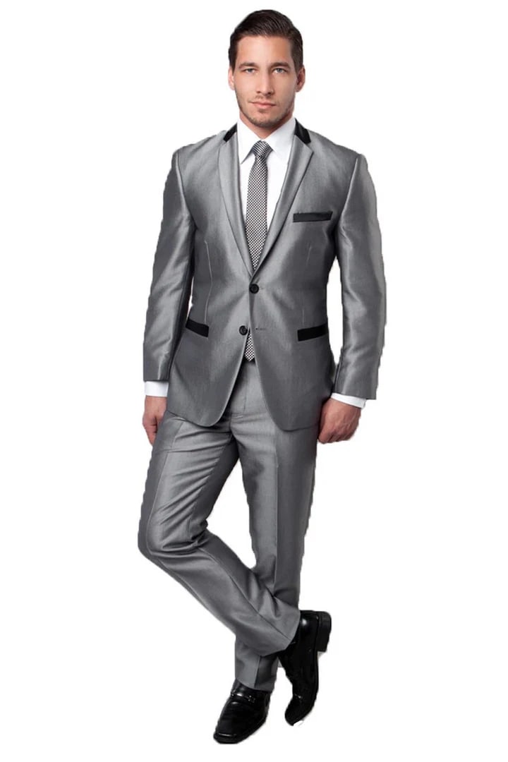 Cheap Priced Suit- Men's Two Button Slim Fit Shiny Sharkskin Suit Silver Grey With Contrast Collar And Trim - 38 Short Jacket+32 Waist Adjustable 28to34)(Height: 5 4 to5 7 )(Neck  15-16.5)S-M)