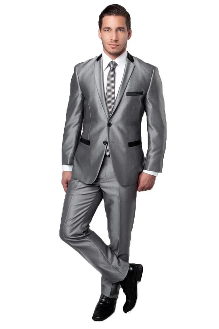 Cheap Priced Suit- Men's Two Button Slim Fit Shiny Sharkskin Suit Silver Grey With Contrast Collar And Trim