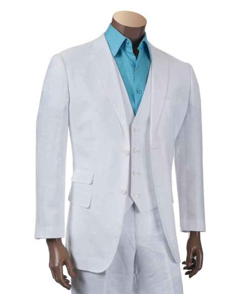 Men's Two Buttons Linen fashion vested White 3 piece suit - Mens Linen Suit - 38 Short Jacket+32 Waist Adjustable 28to34)(Height: 5’4”to5’7”)(Neck 15-16.5)S-M)