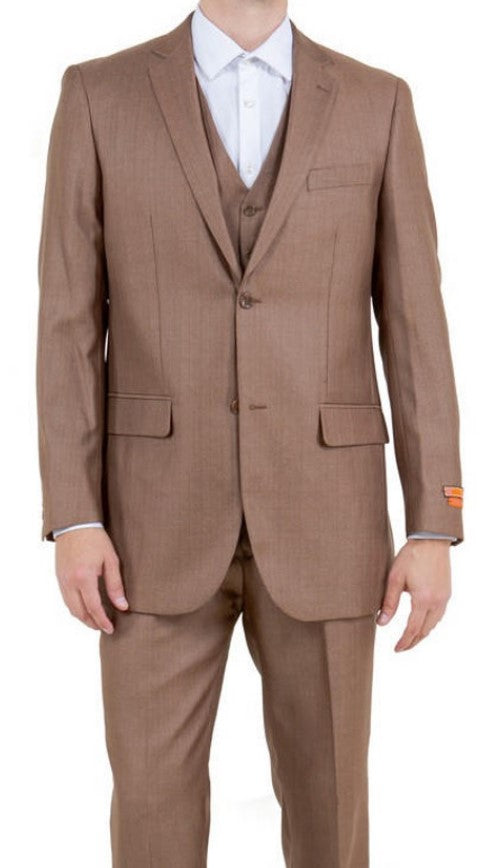 Mens Sharkskin 3 Piece Single Breasted Suit Toast Beige