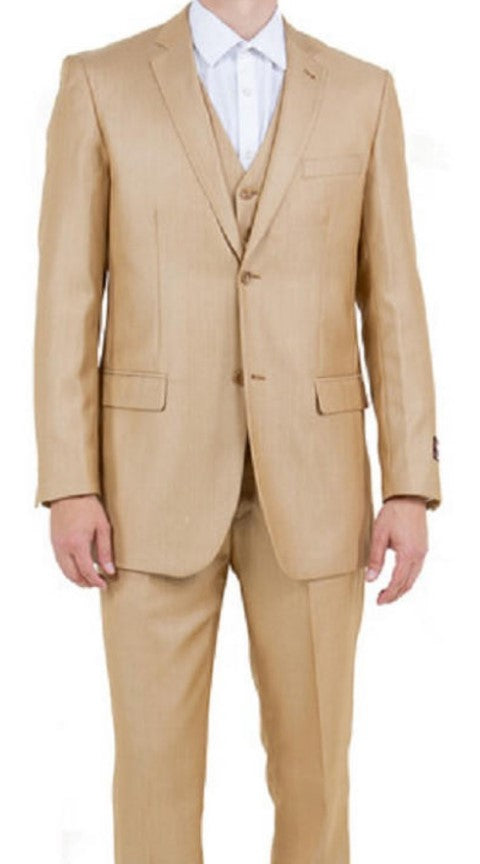 Mens Sharkskin 3 Piece Single Breasted Suit Wheat Tan