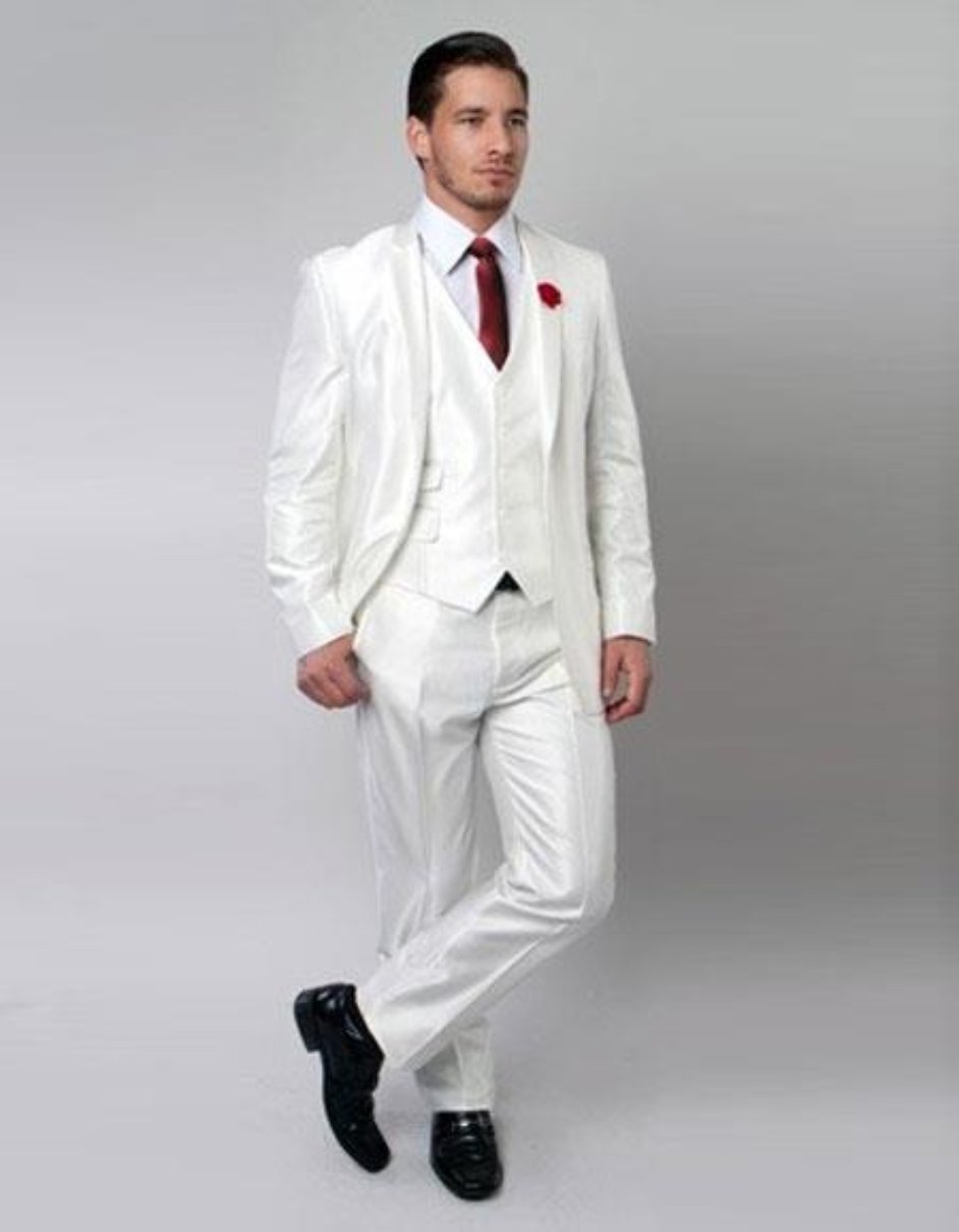 Mens Sharkskin Flashy Metallic Silky White Shiny 2 Button 3 Piece Suit Slim Fit Suit