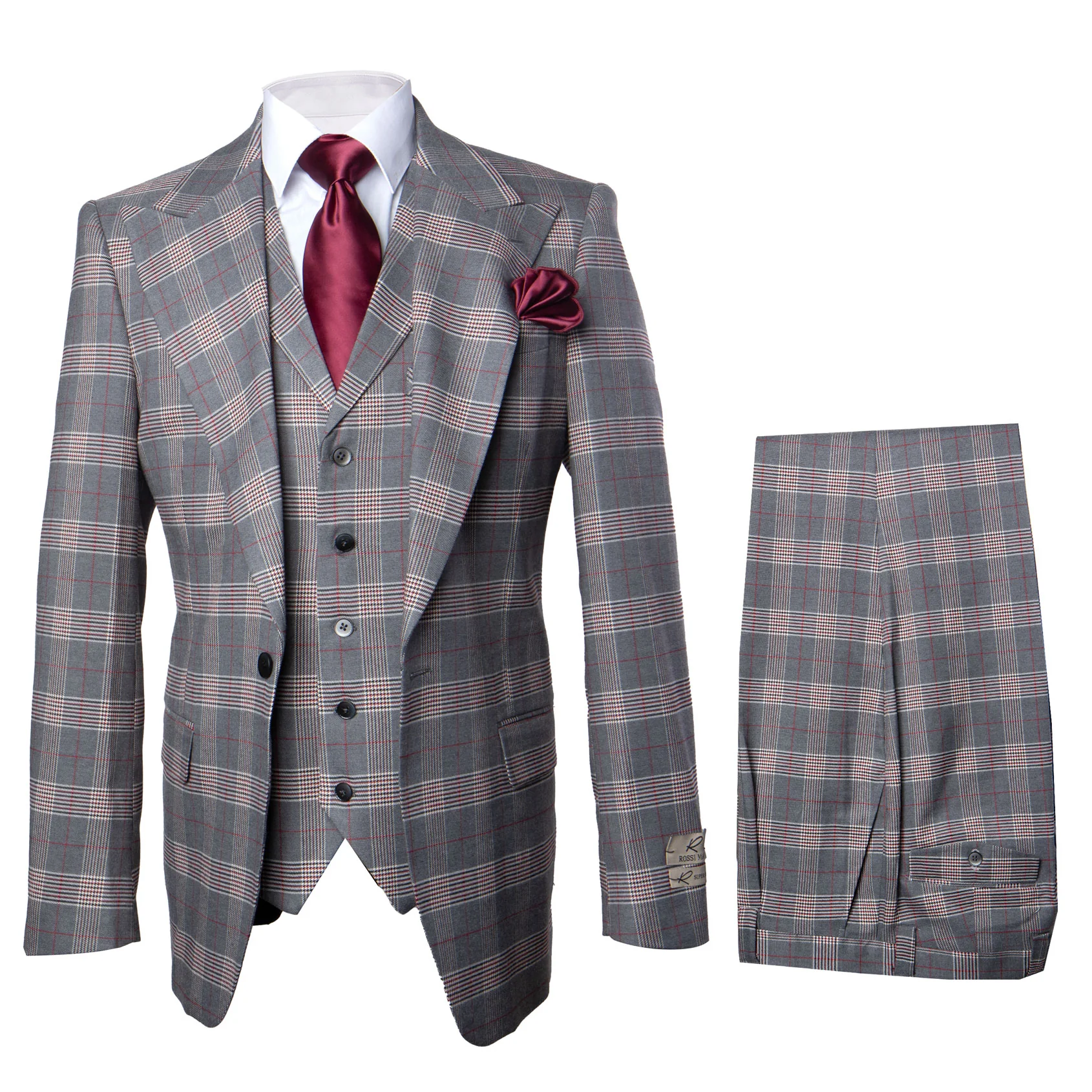 Suits With Baggy Pleated Pants - Wide Leg Pants 100% Wool - Classic Fit Single Breast Lapel Vest by Rossiman - 38 Regular