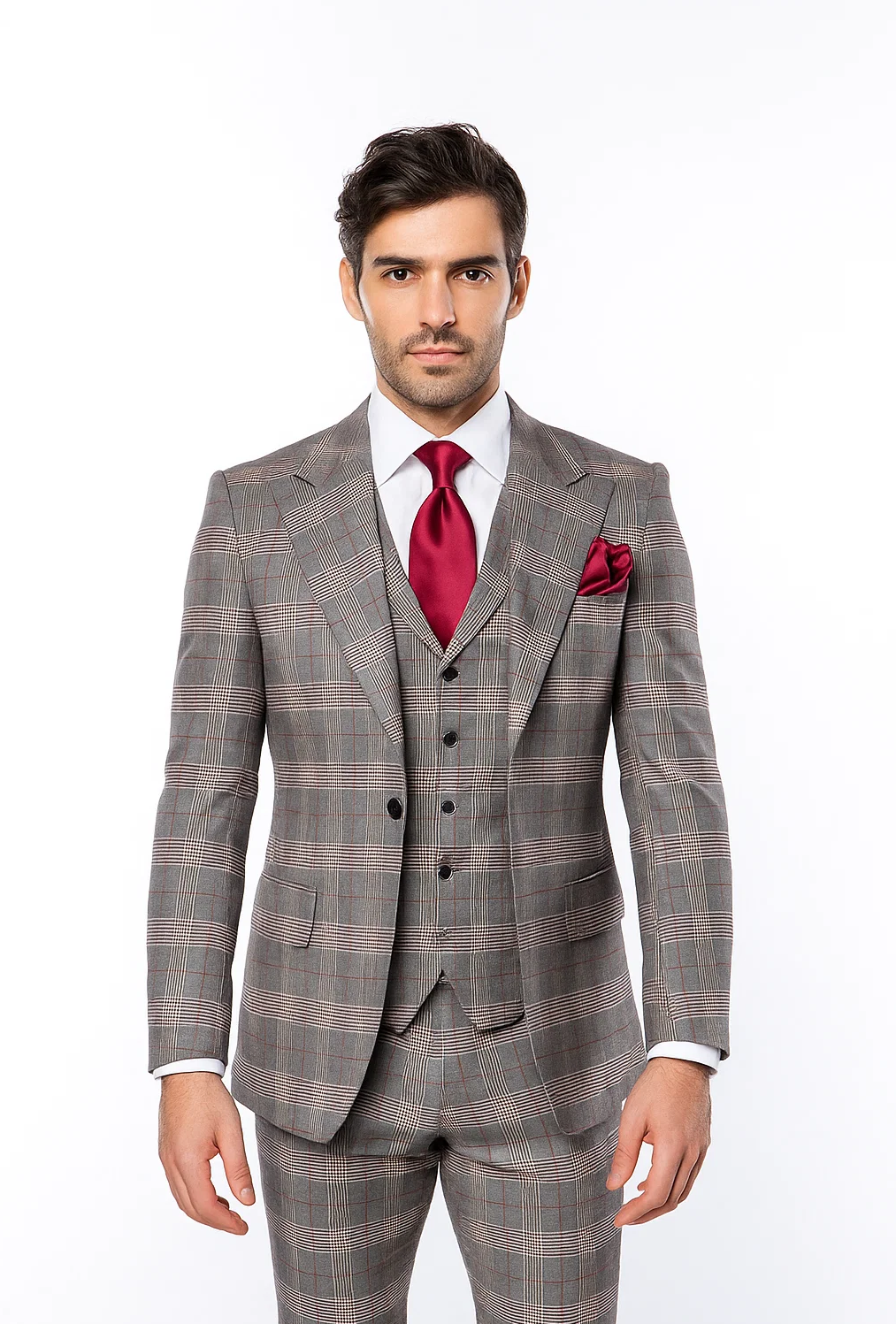 Suits With Baggy Pleated Pants - Wide Leg Pants 100% Wool - Classic Fit Single Breast Lapel Vest by Rossiman-New Designer Collection - 38 Regular