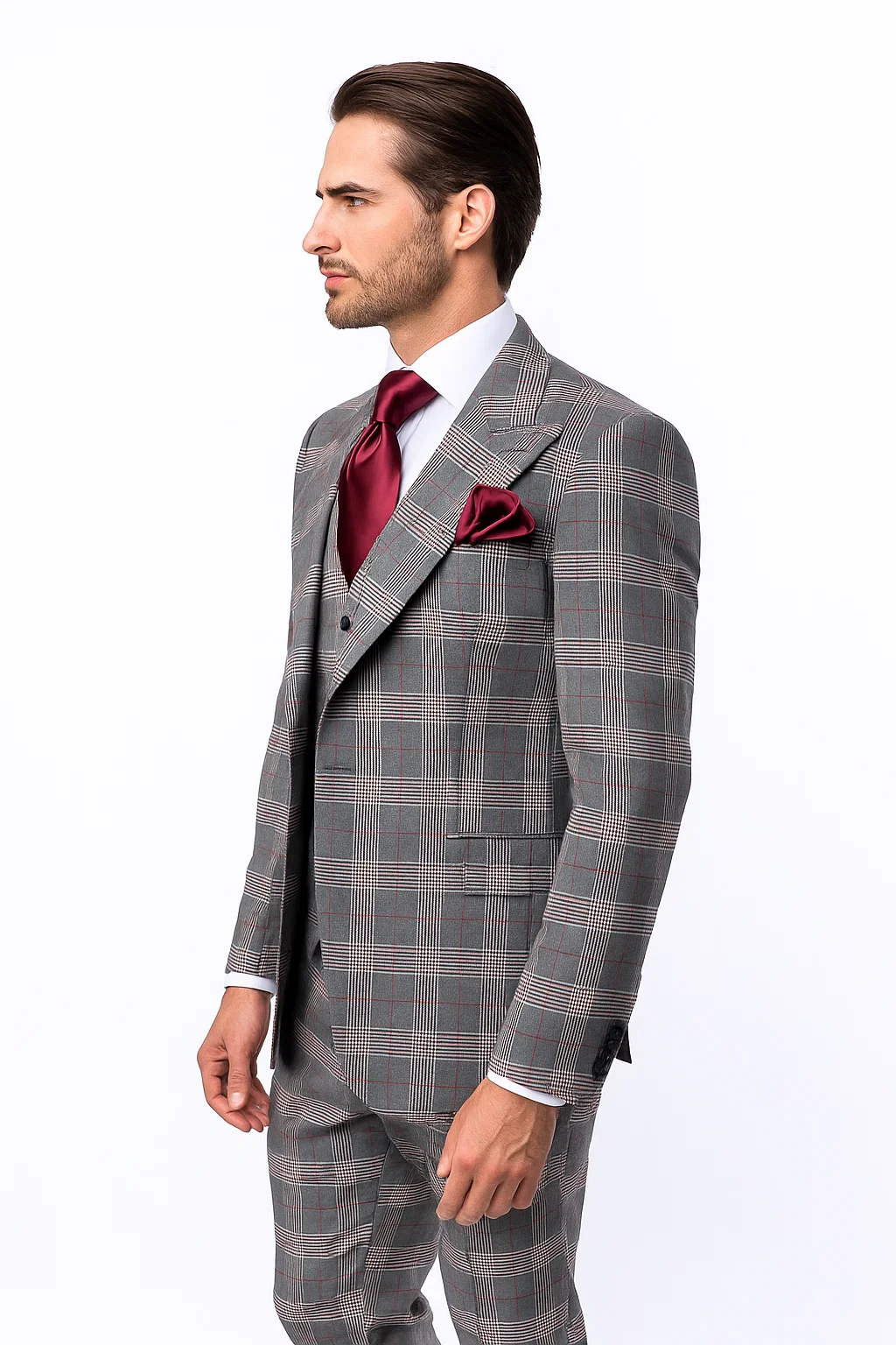 Suits With Baggy Pleated Pants - Wide Leg Pants 100% Wool - Classic Fit Single Breast Lapel Vest by Rossiman-New Designer Collection - 38 Regular