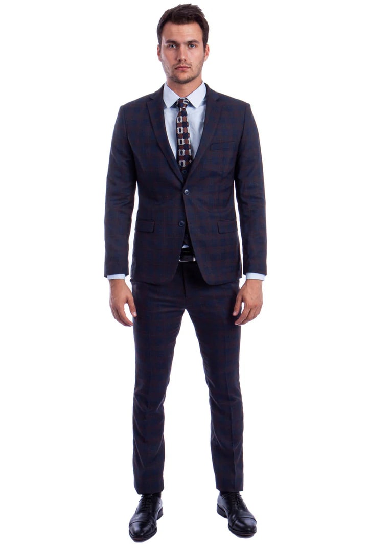 Cheap priced Suit - Men's Two Button Vested Skinny Fit Suit With Low Cut Vest In Blue/Brown Plaid - 38 Short Jacket+32 Waist Adjustable 28to34)(Height: 5 4 to5 7 )(Neck  15-16.5)S-M)