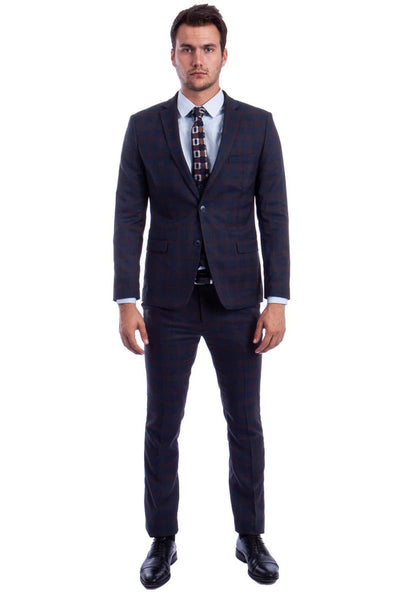 Cheap priced Suit - Men's Two Button Vested Skinny Fit Suit With Low Cut Vest In Blue/Brown Plaid