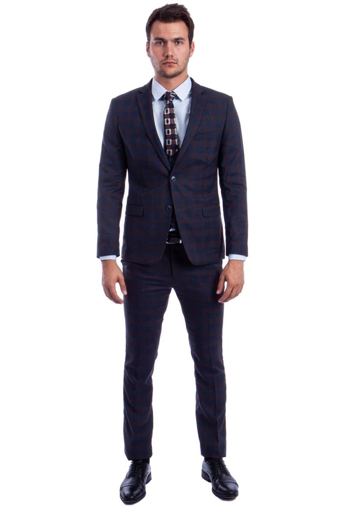 Cheap priced Suit - Men's Two Button Vested Skinny Fit Suit With Low Cut Vest In Blue/Brown Plaid