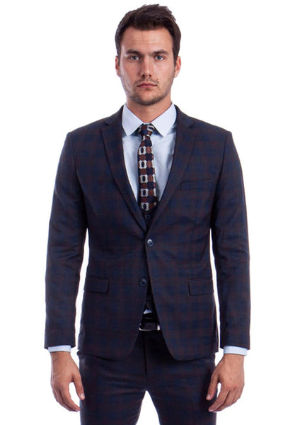 Cheap priced Suit - Men's Two Button Vested Skinny Fit Suit With Low Cut Vest In Blue/Brown Plaid