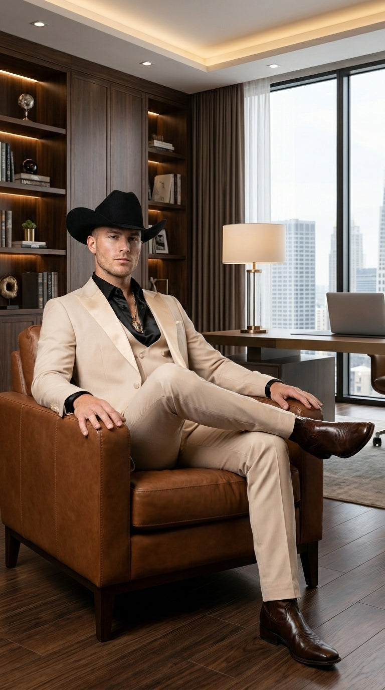 Mens Light Beige Western 3-Piece Suit – Cowboy Tuxedo with Shawl Lapel