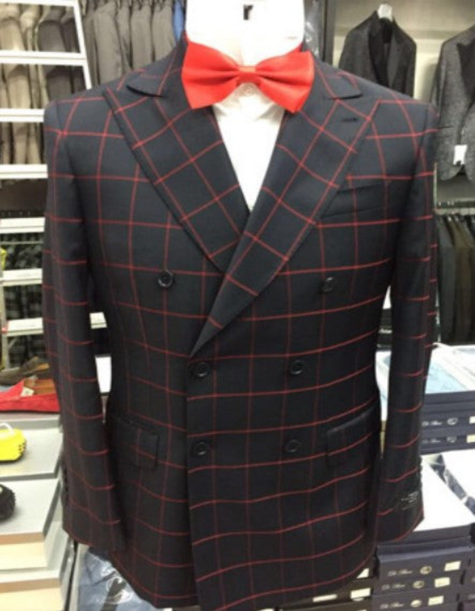 Double Breasted Suit in Black and Red Plaid Window Pane Suit - Gangster Suit 1920s Suit - 34 Short or Extra Small