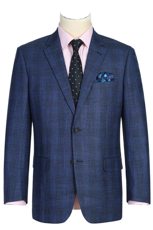 "Classic Fit Men's Blazer - Navy Blue Windowpane Plaid, Two Button Sport Coat"