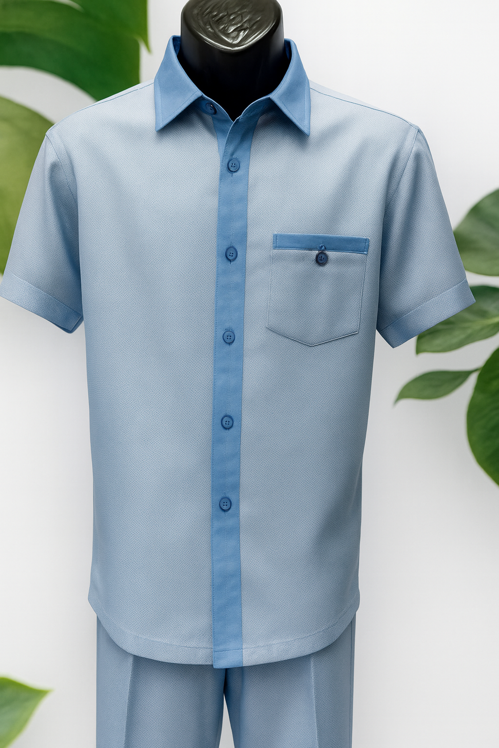 Mens Sky Blue Off White Houndstooth Short Sleeve Walking Suit - S