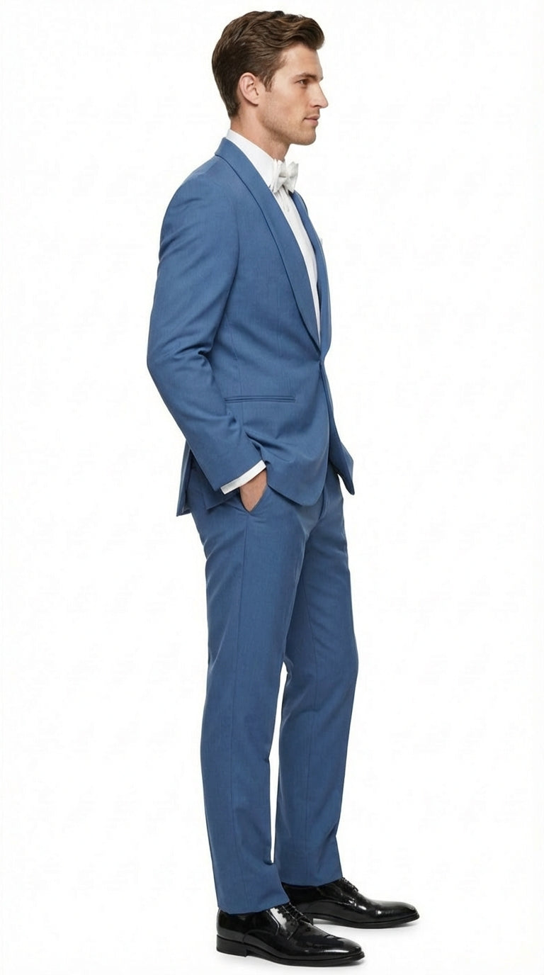 Men's Sky Blue Tuxedo Suit with Shawl Lapel, Formal Wedding and Prom Dinner Jacket Set - Steel Blue Color - 34 Short or Extra Small