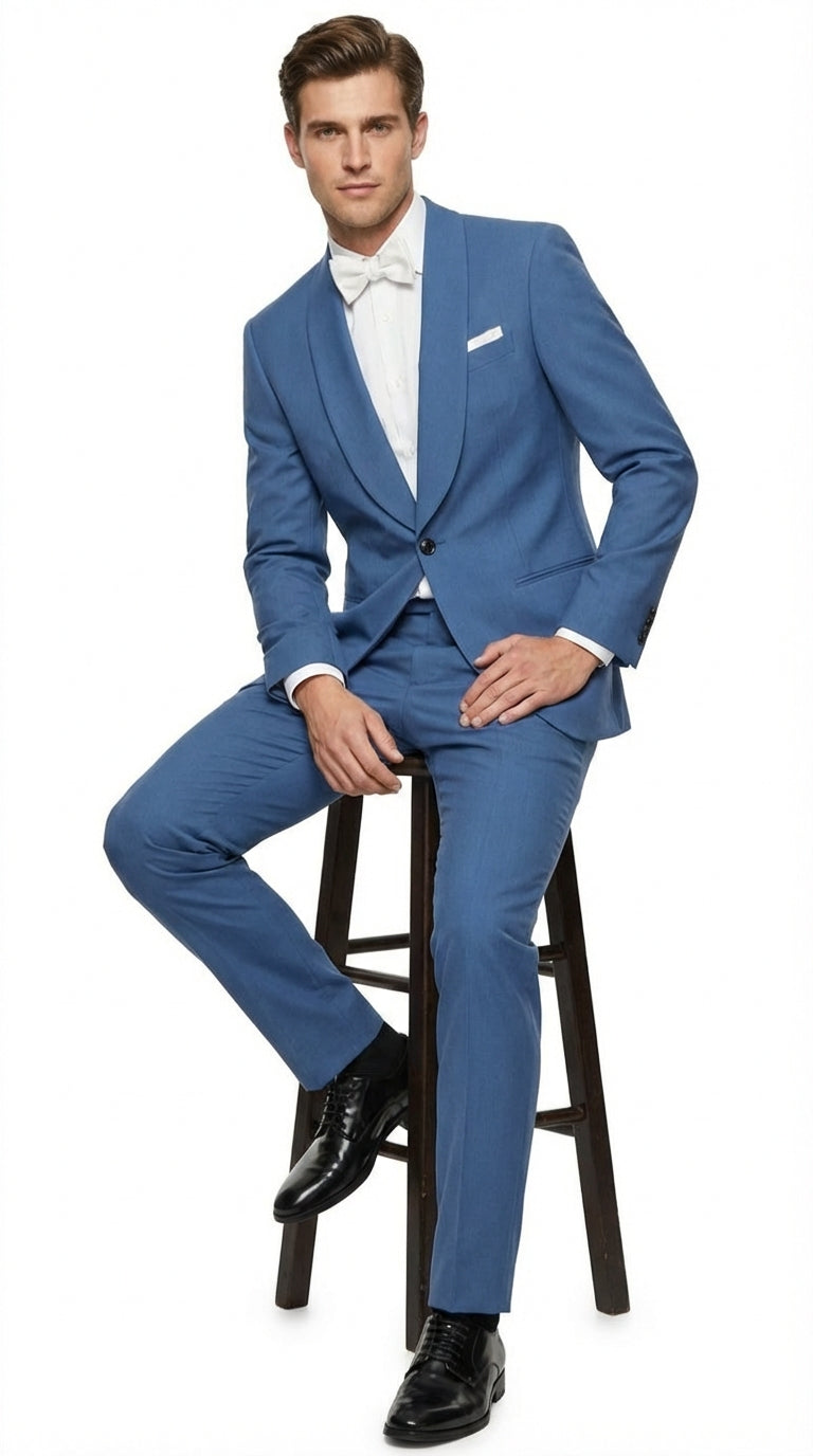 Men's Sky Blue Tuxedo Suit with Shawl Lapel, Formal Wedding and Prom Dinner Jacket Set - Steel Blue Color
