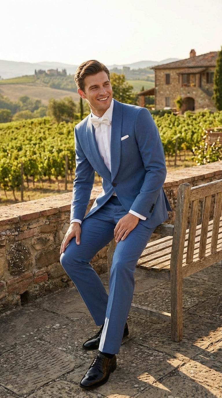 Men's Sky Blue Tuxedo Suit with Shawl Lapel, Formal Wedding and Prom Dinner Jacket Set - Steel Blue Color - 34 Short or Extra Small