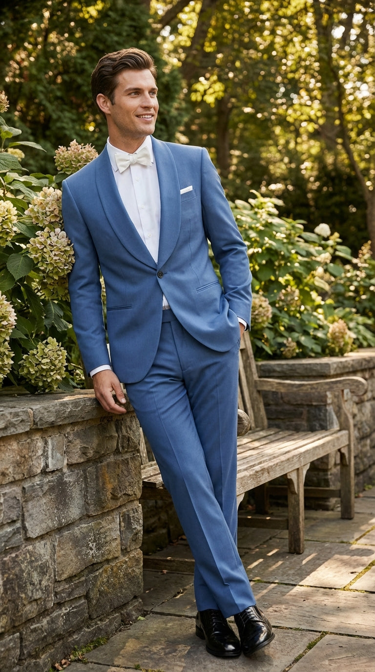 Men's Sky Blue Tuxedo Suit with Shawl Lapel, Formal Wedding and Prom Dinner Jacket Set - Steel Blue Color - 34 Short or Extra Small