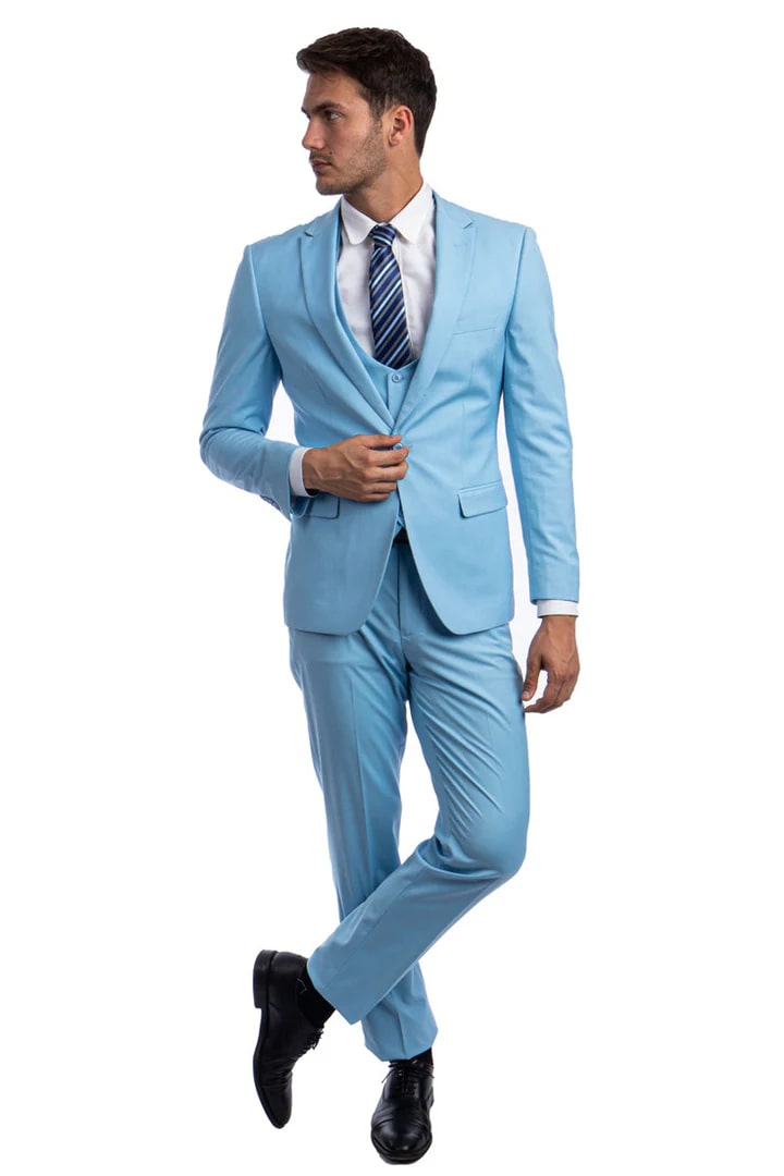 Cheap priced Suit  - Men's One Button Peak Lapel Skinny Wedding & Prom 2025 Sky Blue Suit With Lowcut Vest - 38 Short Jacket+32 Waist Adjustable 28to34)(Height: 5 4 to5 7 )(Neck  15-16.5)S-M)