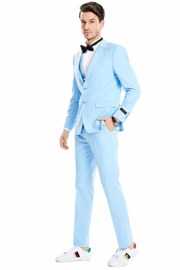 Cheap priced Suit  - Men's Two Button Vested Peak Lapel Pastel Wedding & Prom 2025 Sky Blue Suit - 38 Short Jacket+32 Waist Adjustable 28to34)(Height: 5 4 to5 7 )(Neck  15-16.5)S-M)