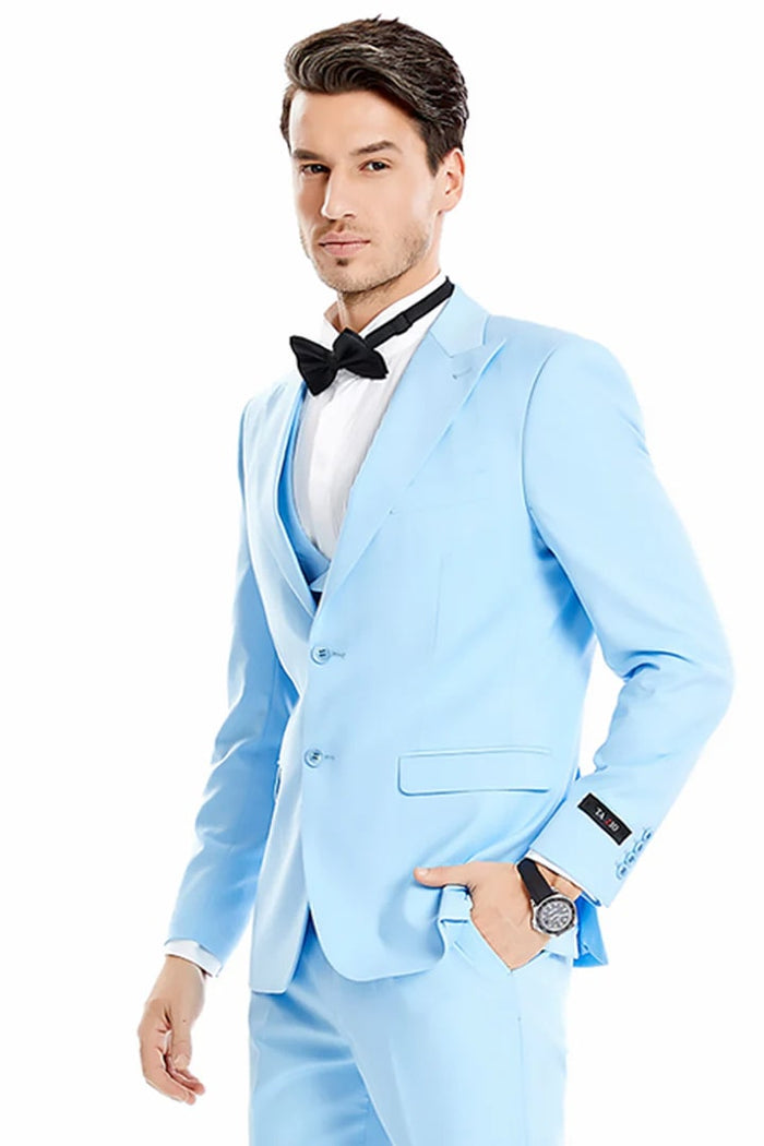 Cheap priced Suit  - Men's Two Button Vested Peak Lapel Pastel Wedding & Prom 2026 Sky Blue Suit