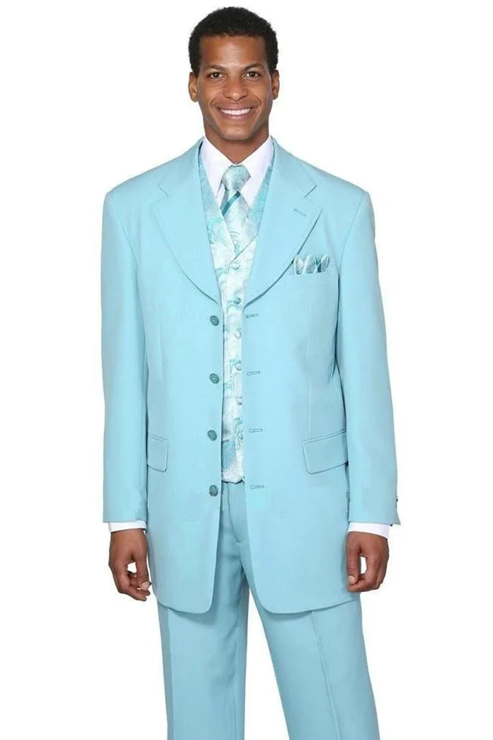 Cheap Priced Suit - Mens 4 Button Long Vested Fashion Sky Blue Suit   With Paisley Vest