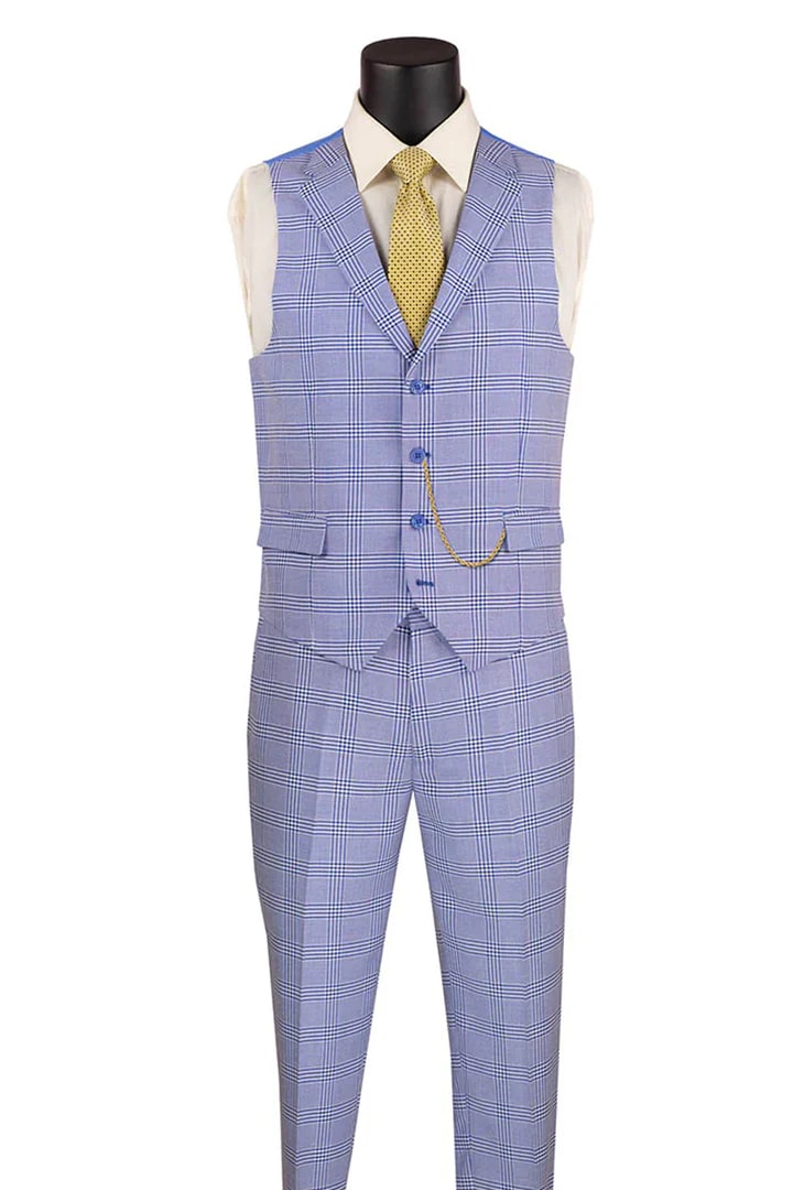 Cheap priced Suit- Men's Slim Fit Vested Glen Plaid Summer Business Sky Blue Suit - 38 Short Jacket+32 Waist Adjustable 28to34)(Height: 5 4 to5 7 )(Neck  15-16.5)S-M)