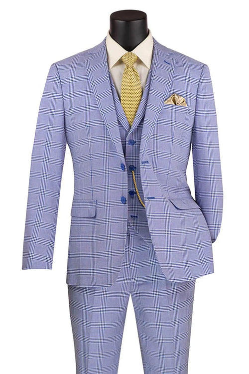 Cheap priced Suit- Men's Slim Fit Vested Glen Plaid Summer Business Sky Blue Suit