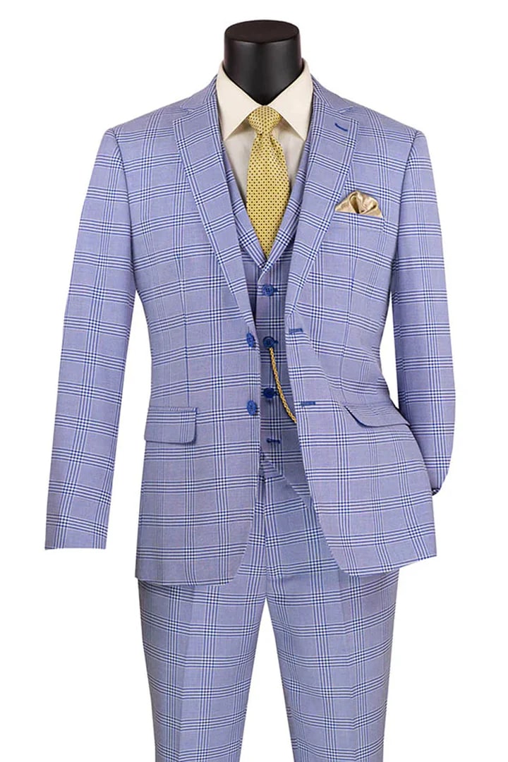 Cheap priced Suit- Men's Slim Fit Vested Glen Plaid Summer Business Sky Blue Suit - 38 Short Jacket+32 Waist Adjustable 28to34)(Height: 5 4 to5 7 )(Neck  15-16.5)S-M)