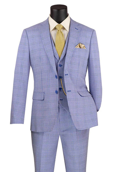 Cheap priced Suit- Men's Slim Fit Vested Glen Plaid Summer Business Sky Blue Suit