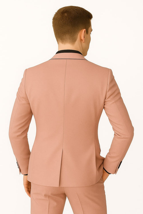 Mens Slim Fit Pink Tuxedo Suit with Black Trim â€“ Modern Wedding and Prom Outfit in Rose Gold Blush Color