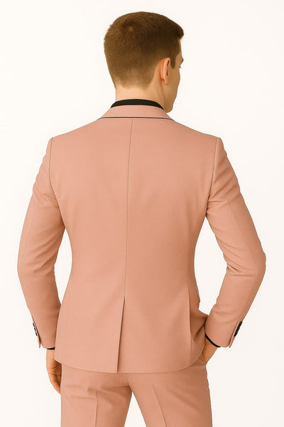 Mens Slim Fit Pink Tuxedo Suit with Black Trim â€“ Modern Wedding and Prom Outfit in Rose Gold Blush Color