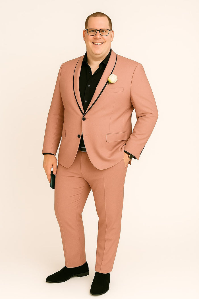 Mens Slim Fit Pink Tuxedo Suit with Black Trim â€“ Modern Wedding and Prom Outfit in Rose Gold Blush Color