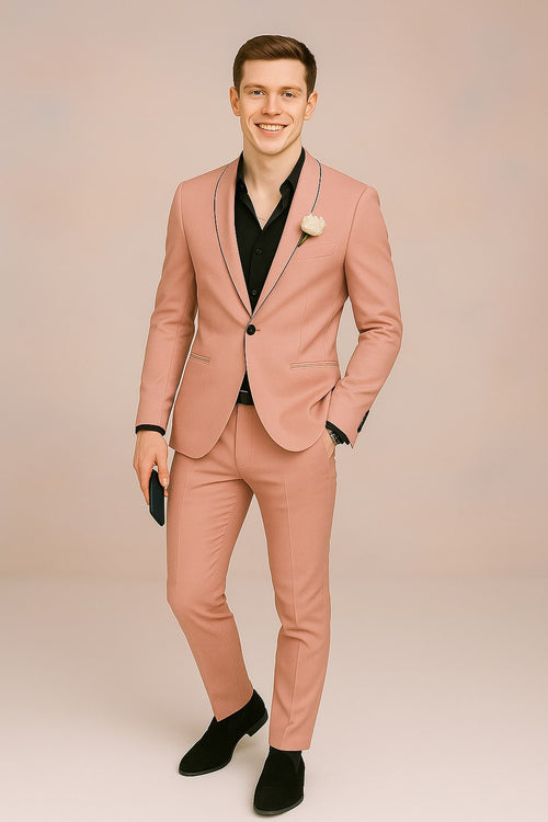 Mens Slim Fit Pink Tuxedo Suit with Black Trim â€“ Modern Wedding and Prom Outfit in Rose Gold Blush Color