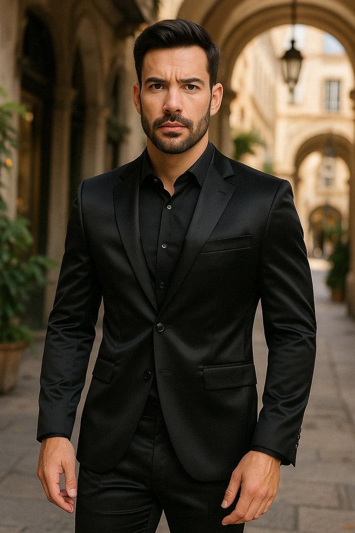 Black Satin Flex Two-Piece Suit â€“ Slim Fit Sport Coat and Matching Pants