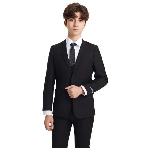 Exclusive Stacy Adams 5pc Boys Suit Solid Slim Fit Black - Boy Size : 4 (Weight 38 to 49)