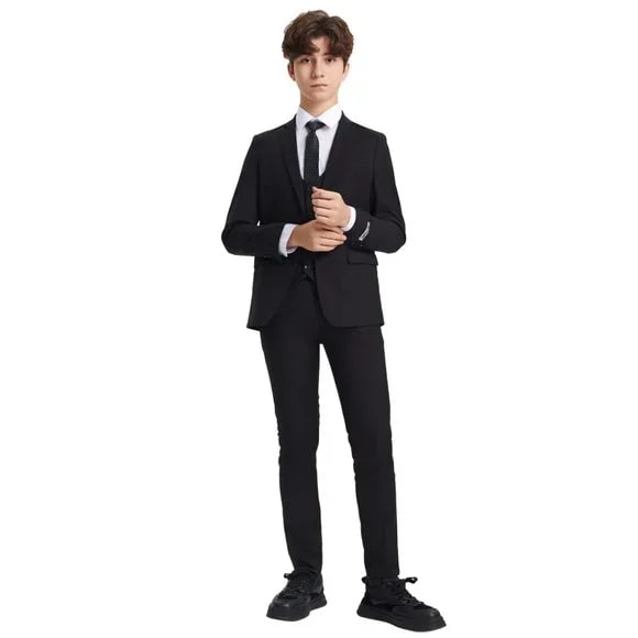 Exclusive Stacy Adams 5pc Boys Suit Solid Slim Fit Black - Boy Size : 4 (Weight 38 to 49)