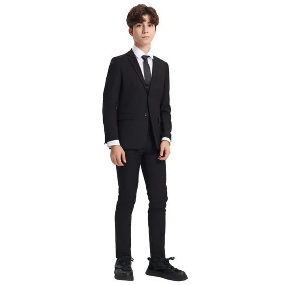 Exclusive Stacy Adams 5pc Boys Suit Solid Slim Fit Black - Boy Size : 4 (Weight 38 to 49)