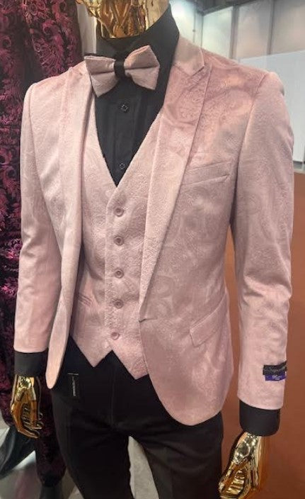 Pink Paisley Suit - Blush Color Slim Fitted Prom 2026 Suit With Bowtie Vest and Black Pants