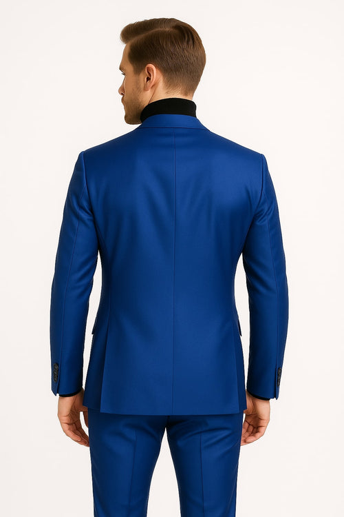 Men's Royal Blue Shiny Satin Suit â€“ 2-Piece Slim Fit Tuxedo with Peak Lapel