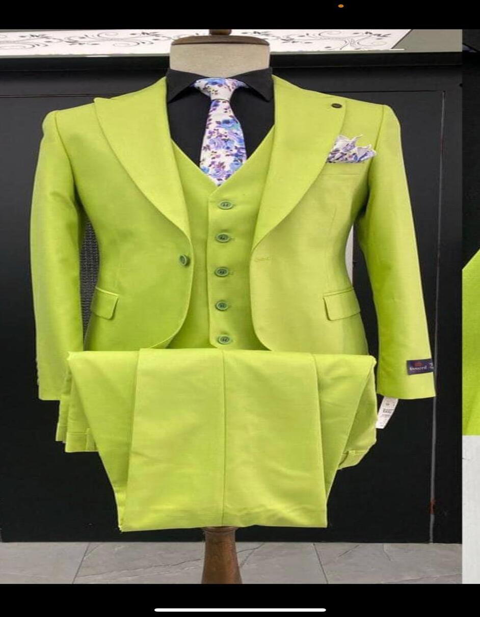 Men's Lime Green Three-Piece Suit with Floral Tie – Slim Fit Tuxedo for Weddings & Parties - 52 Regular Jacket+46 Waist Adjust 42to48)Height: 5'7"-6')(Neck 18.5-20:XXL-XXXL