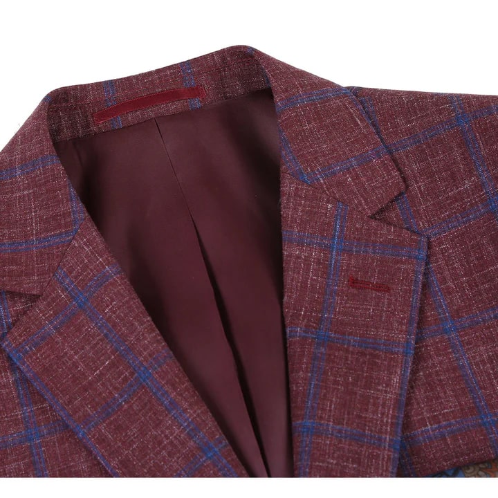 Mens Slim Fit Two Button Wool Sportcoat Windowpane Plaid Burgundy and Blue Blazer