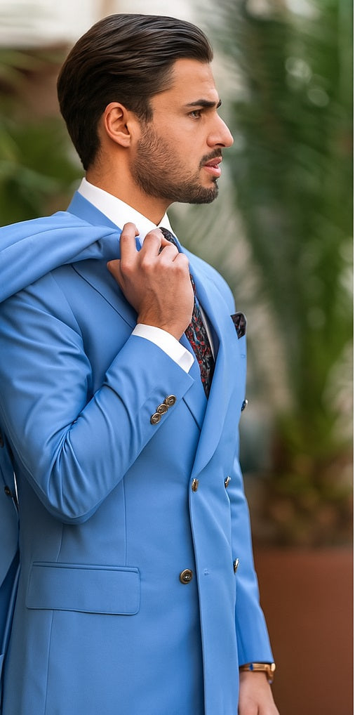 Slim Fitted Cut Mens Double Breasted Suit - Fabric - Flat Front Pants