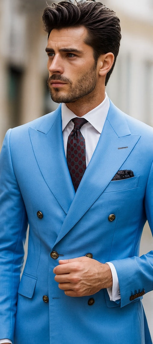 Slim Fitted Cut Mens Double Breasted Suit - Fabric - Flat Front Pants