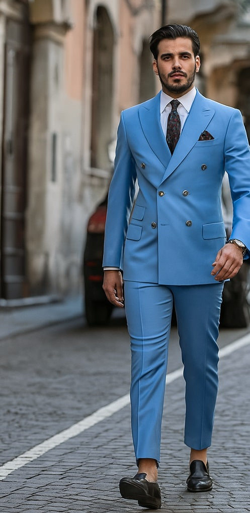 Slim Fitted Cut Mens Double Breasted Suit - Fabric - Flat Front Pants