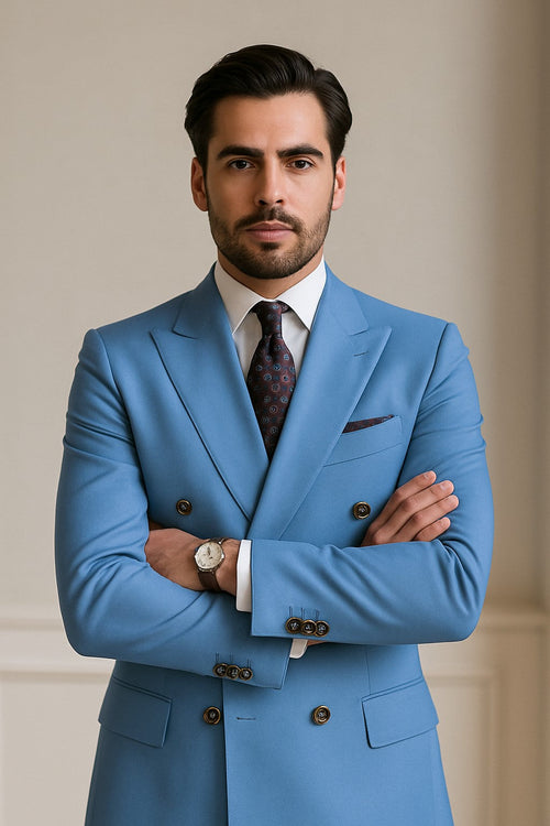 Slim Fitted Cut Mens Double Breasted Suit - Fabric - Flat Front Pants