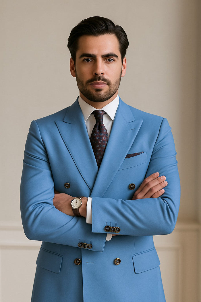 Slim Fitted Cut Mens Double Breasted Suit - Fabric - Flat Front Pants