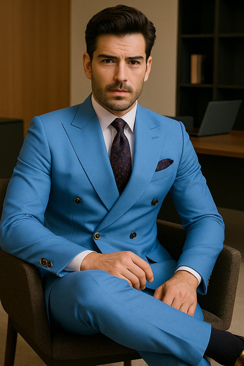 Slim Fitted Cut Mens Double Breasted Suit - Fabric - Flat Front Pants
